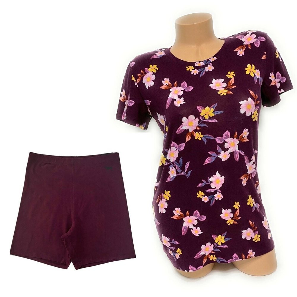 Victoria's Secret PINK SMALL Floral T-shirt Crew-neck Tee & Bike Shorts Set NEW